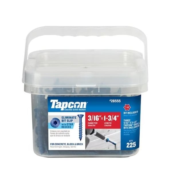 3/16-inch x 1-3/4-inch Climaseal Blue Flat Head T25 Concrete Screw Anchors With Drill Bit, 225PK